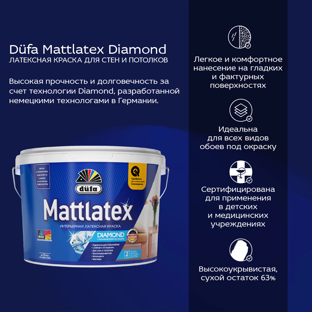 Краска интерьерная латексная dufa Mattlatex Diamond белая (база 1) 2,5 л