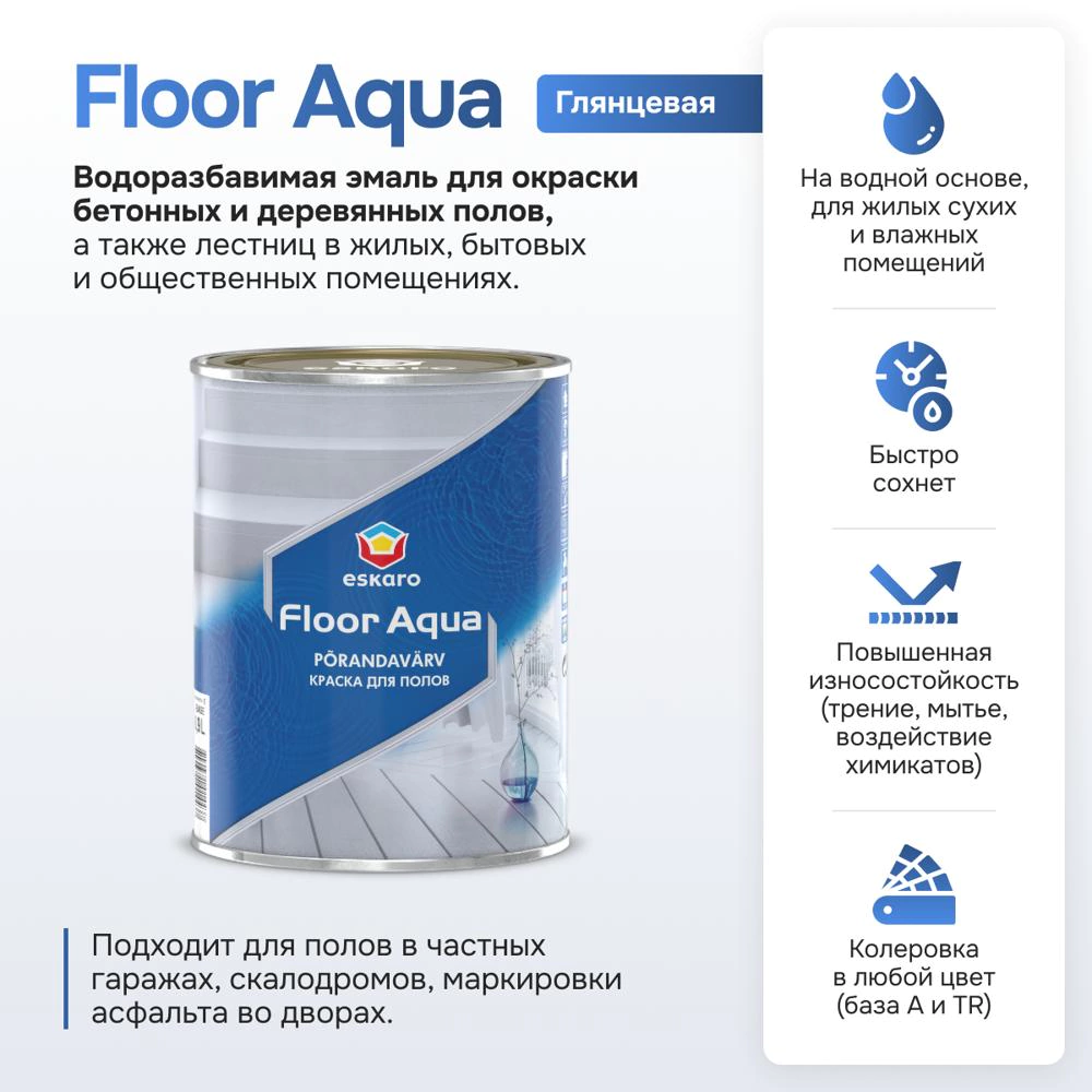 Краска для полов акриловая eskaro Floor Aqua белая (база А) 0,9 л