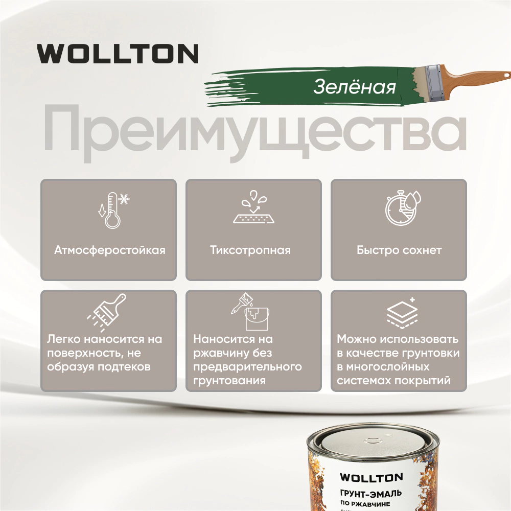Грунт-эмаль по ржавчине 3в1 WOLLTON гладкая зеленая 1,9 кг