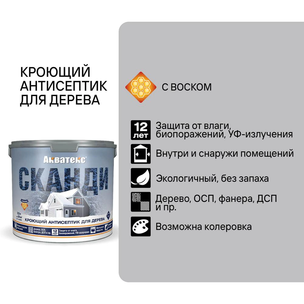Антисептик для дерева кроющий графит 2,5 л Акватекс Сканди