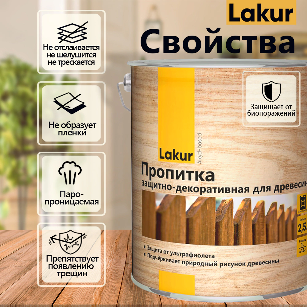 Пропитка декоративно-защитная алкидная бесцветная 9 л Lakur