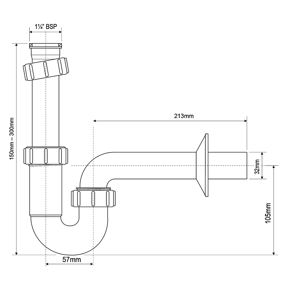 Сифон для раковины McAlpine 1 1/4''x32 мм без выпуска труба с отражателем 32 мм