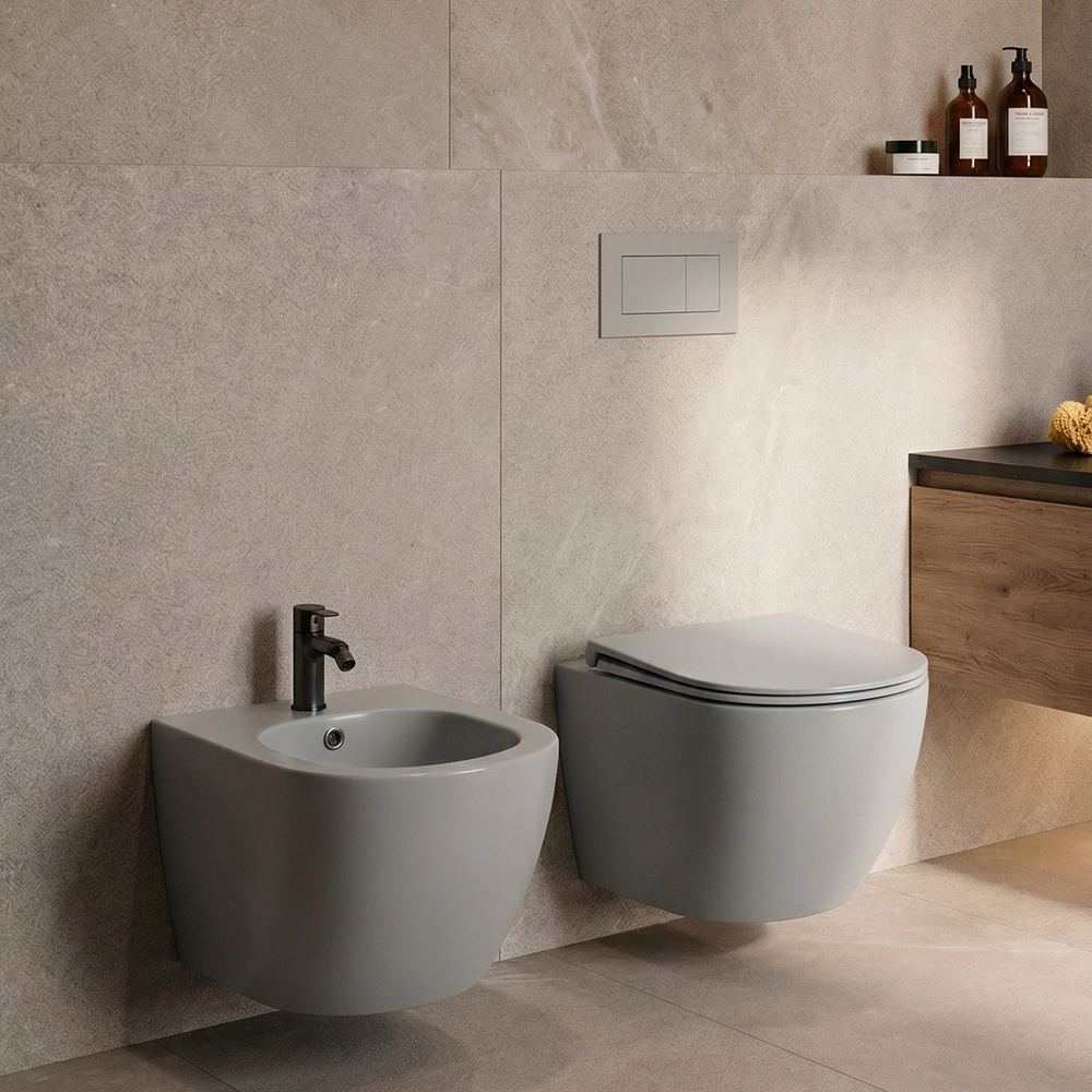 Унитаз подвесной FLUMEN DESIGN Ardennes Cement Grey безободковый с сиденьем с микролифтом серый