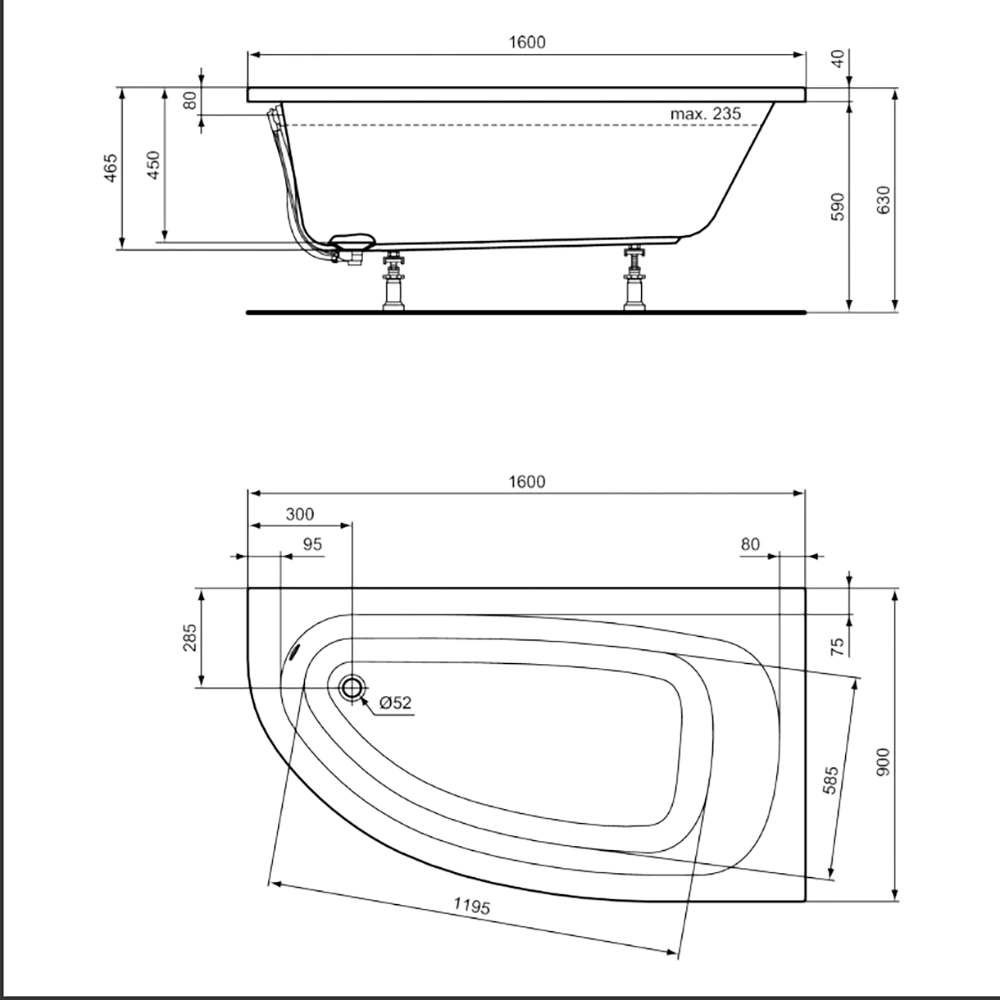 Акриловая ванна Ideal Standard Hotline 160х90 см c ножками правая