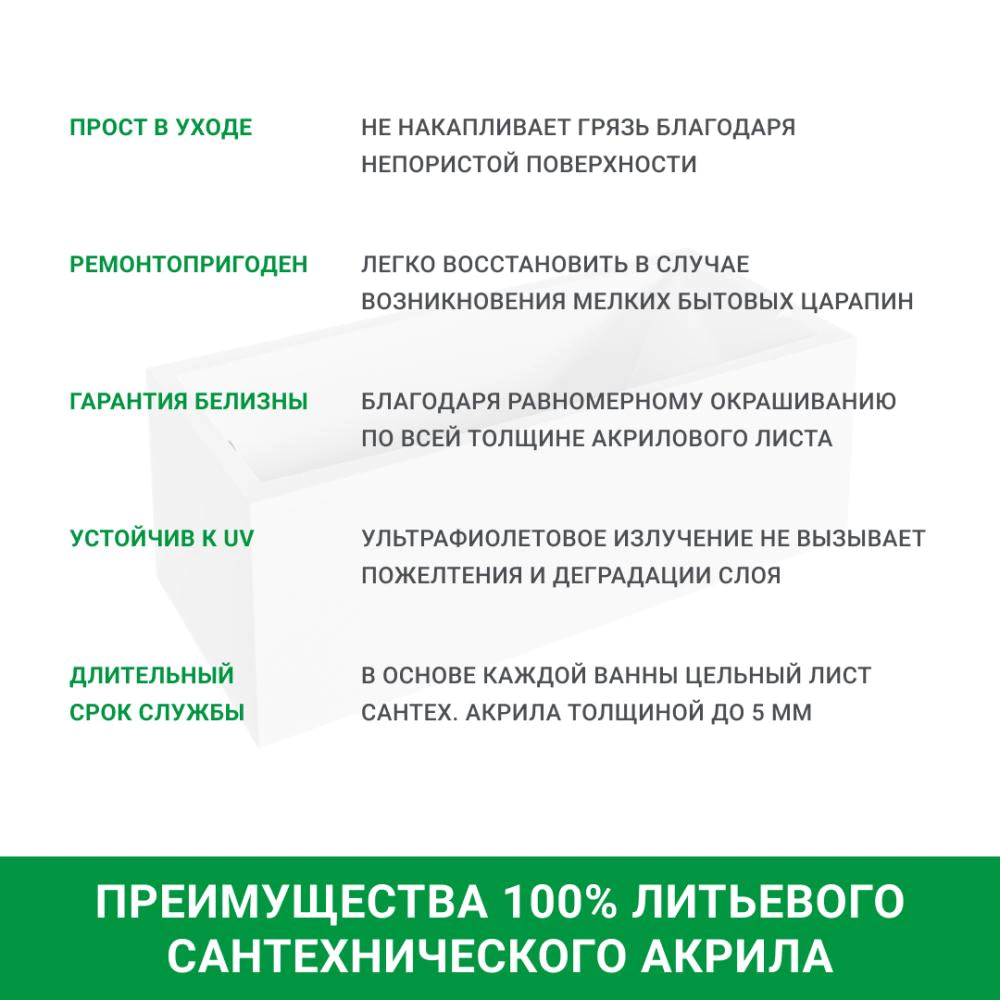 Акриловая ванна 100Acryl Acryel 180х75 см прямоугольная