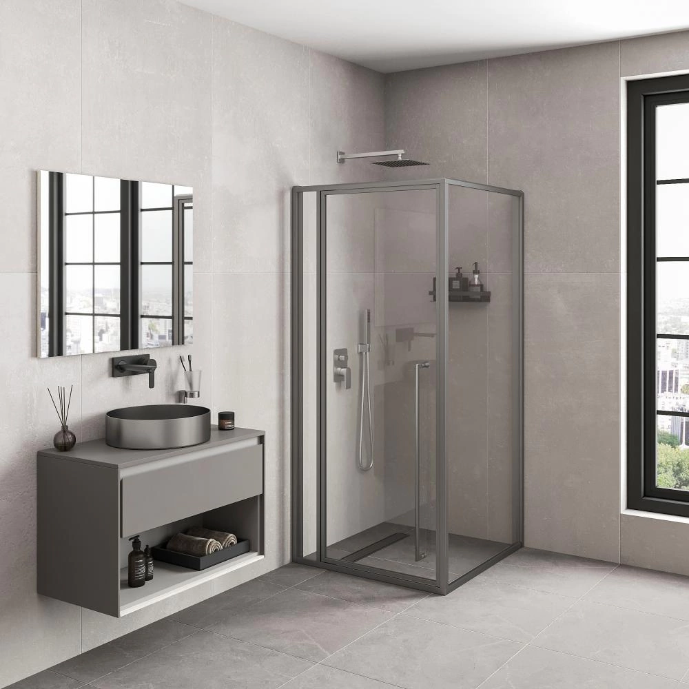 Душевое ограждение FLUMEN DESIGN Orlean 90х90х195 см прозрачное стекло профиль графит