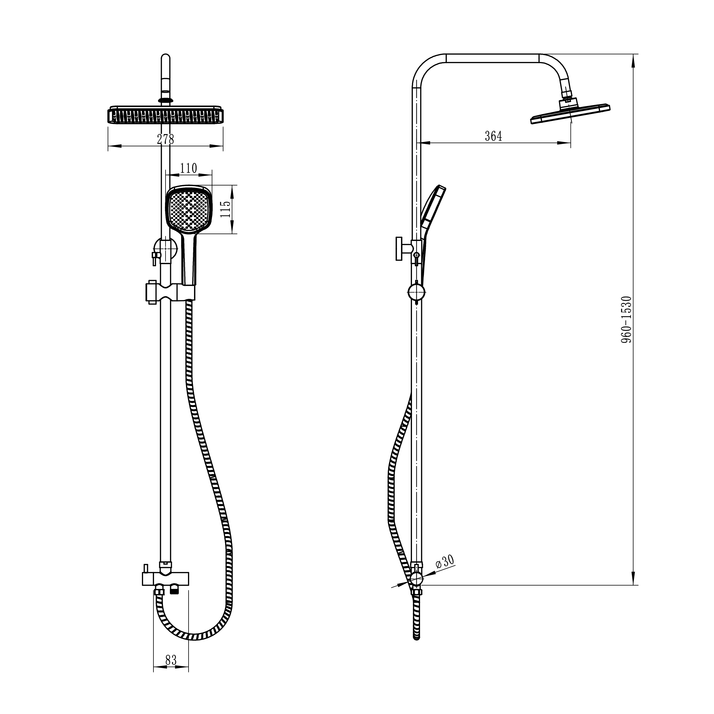 Душевая система c верхним душем без смесителя FLUMEN 28x19 см черный