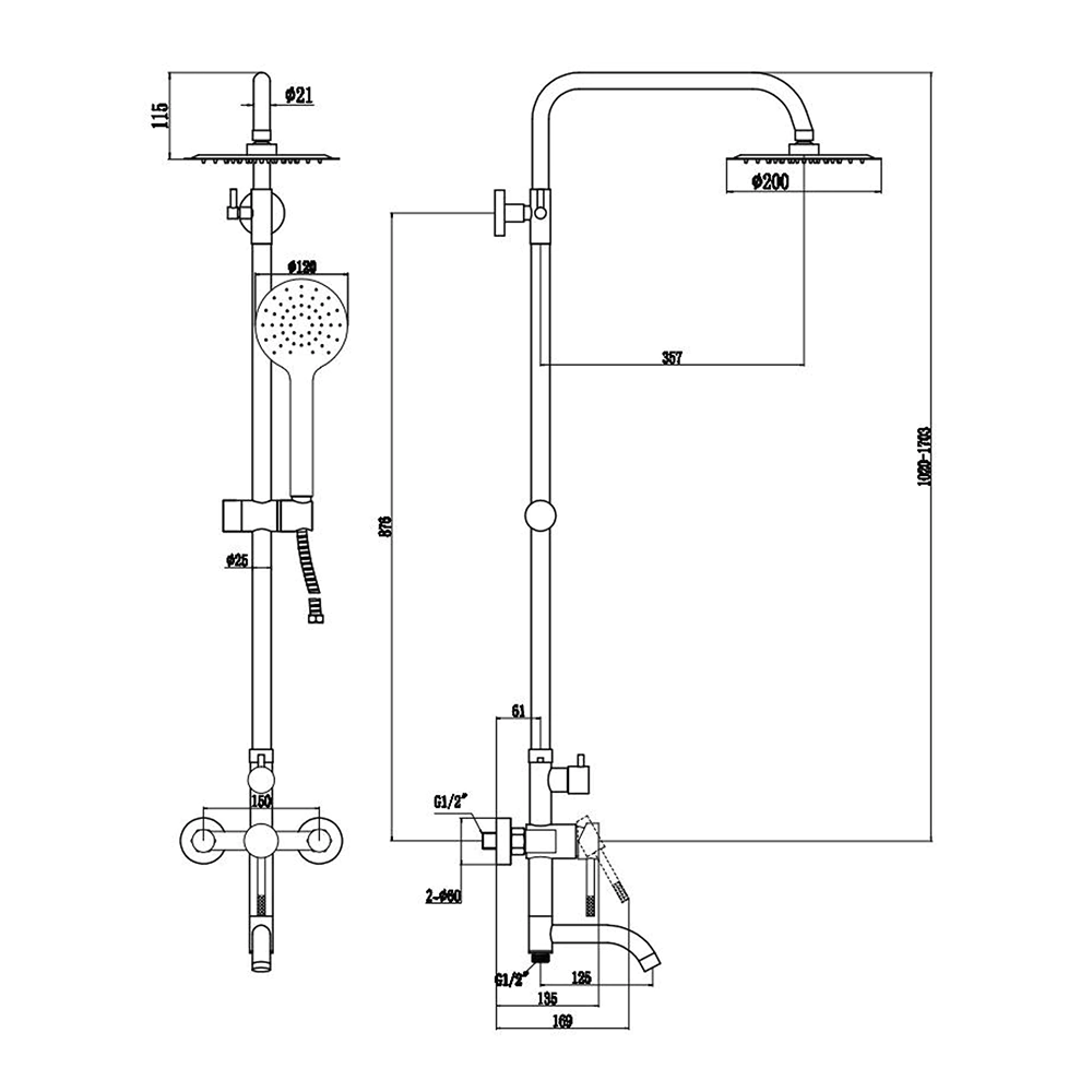 Душевая система со смесителем и верхним душем VODA d20 см нержавеющая сталь