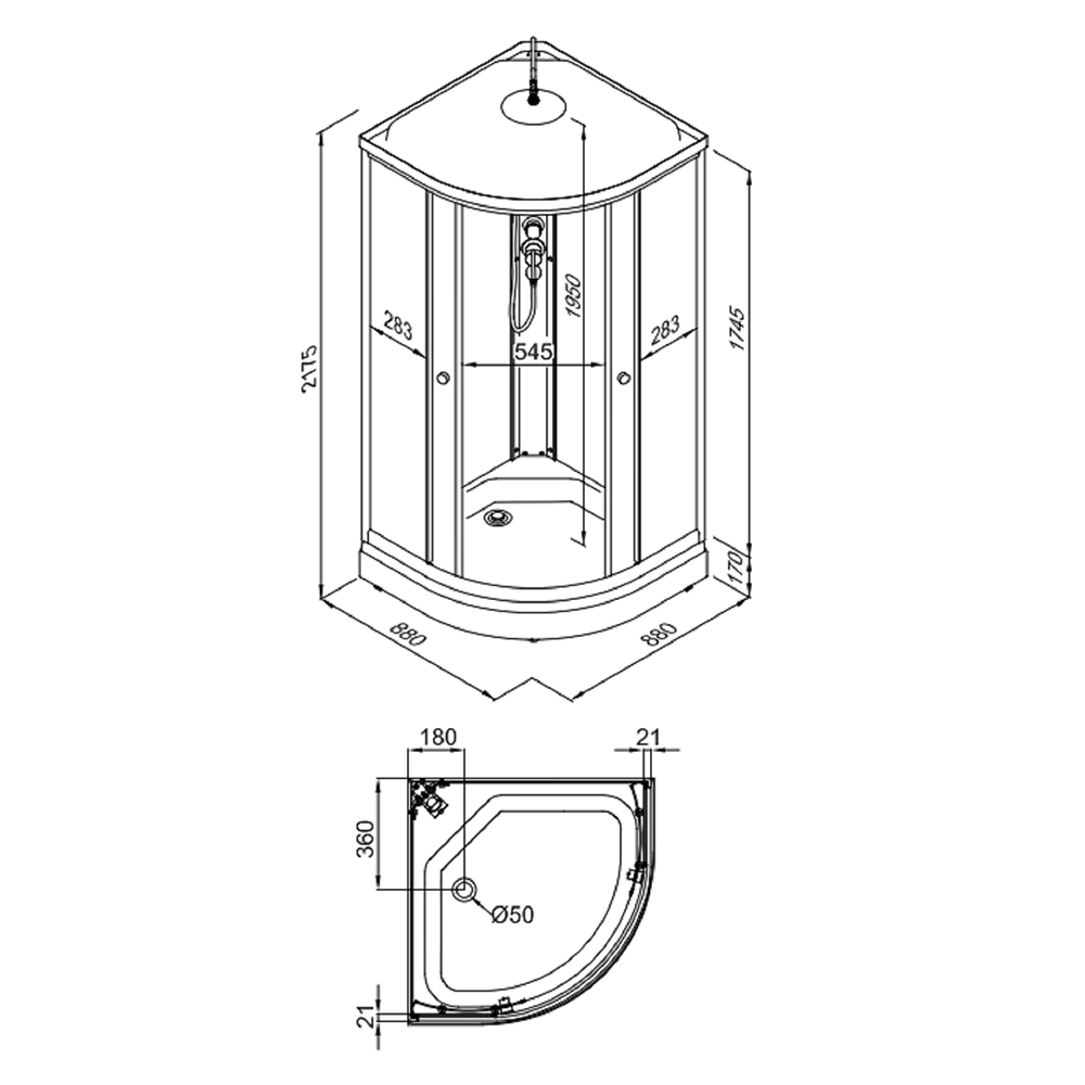 Кабина душевая 1ACReal Топ 88x88x217 см низкий поддон