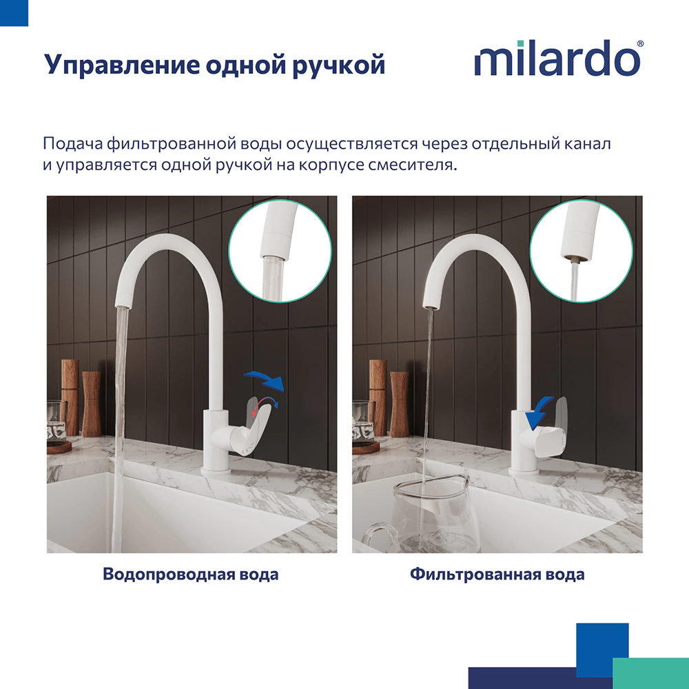 Смеситель для кухни Milardo Rora с подключением фильтра белый