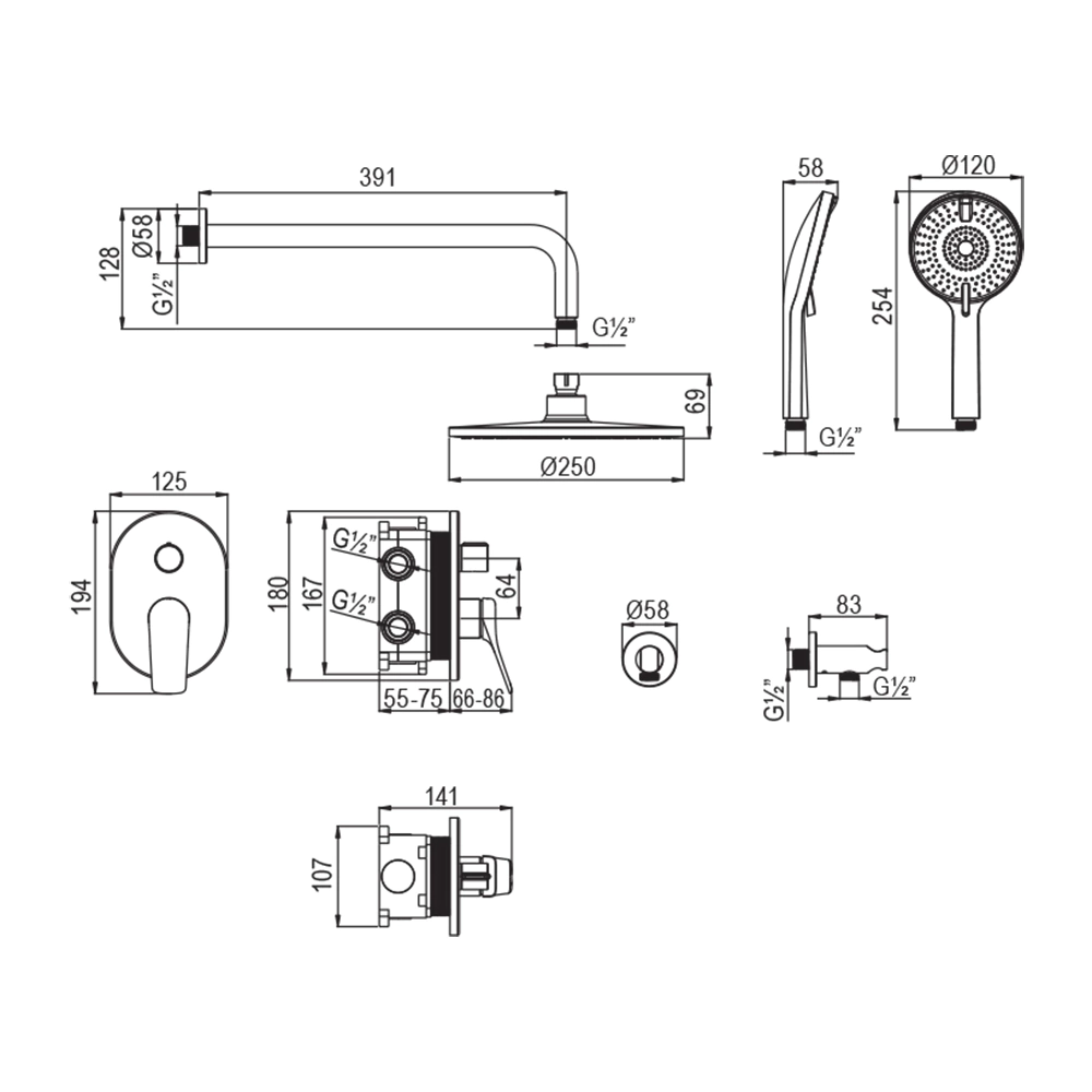Смеситель встраиваемый LEMARK Ortus верхний душ, ручной душ хром
