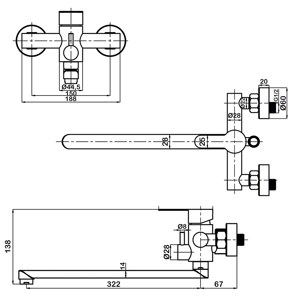 Смеситель для ванны с длинным изливом LATUNO сатин