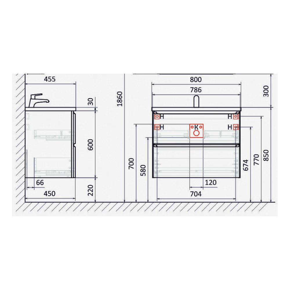 Тумба с раковиной RAVAL Welto 80 см подвесная светло-серая