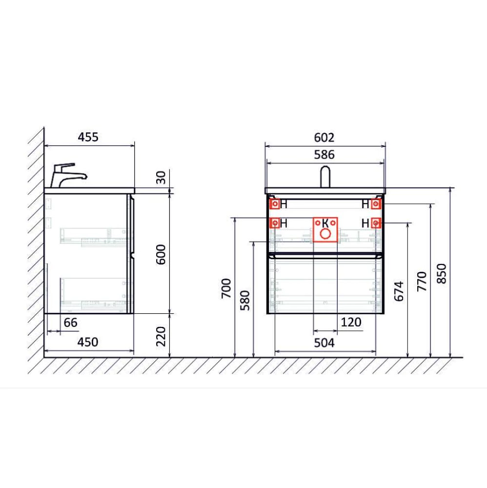 Тумба с раковиной RAVAL Welto 60 см 2 ящика подвесная светло-серая