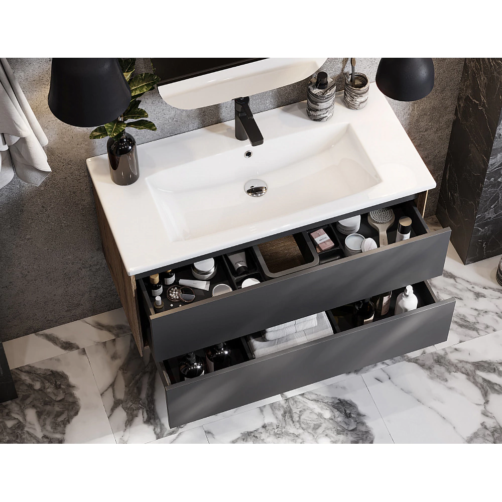 Тумба с раковиной AQUATON Сохо 100 см подвесная дуб, графит