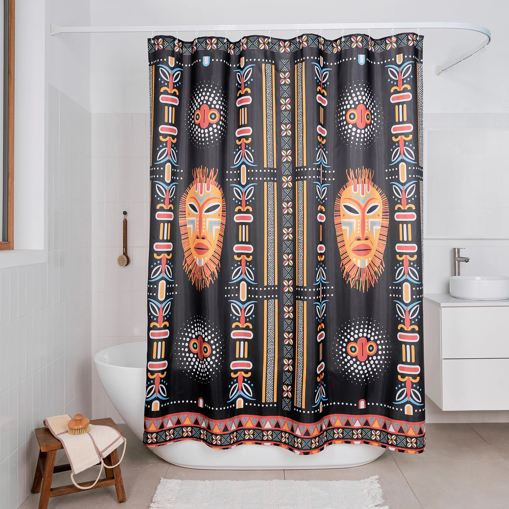 Текстильная штора для ванной Moroshka Bantu 200х180 см черно-оранжевая