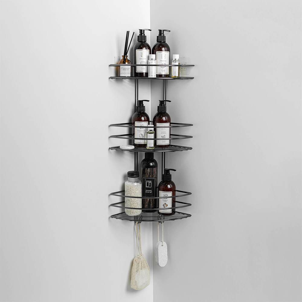 Полка сетчатая PROFFERO 3-ярусная угловая с крючками графит