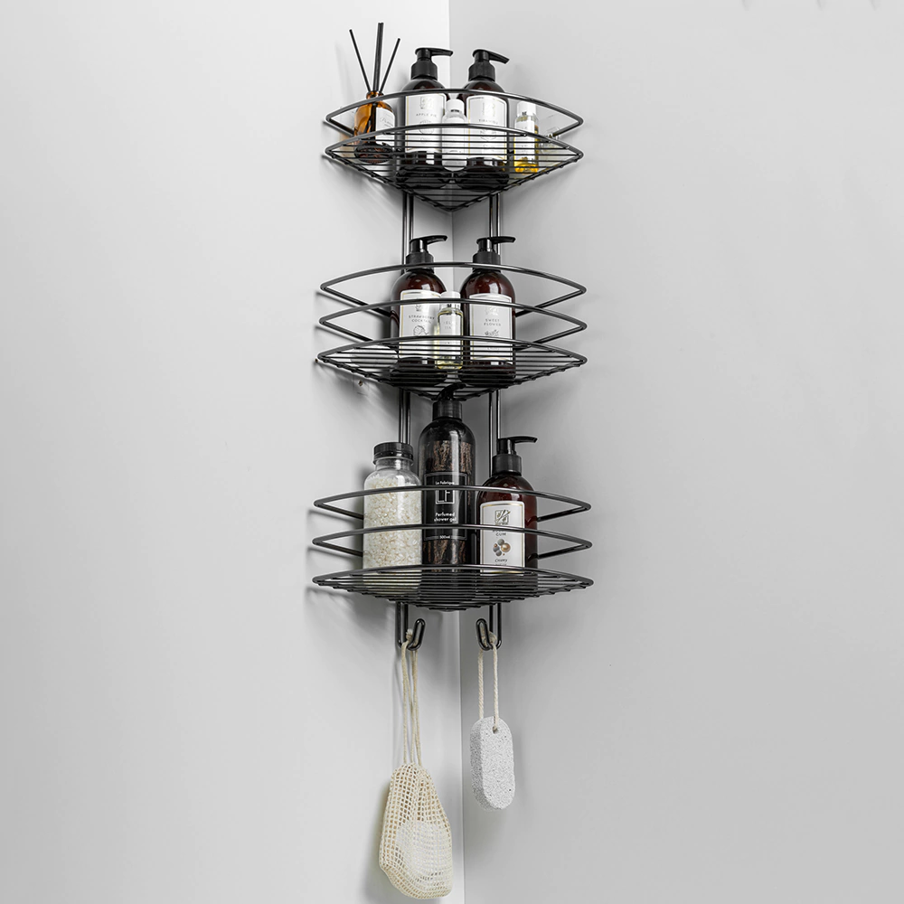 Полка сетчатая PROFFERO 3-ярусная угловая с крючками графит