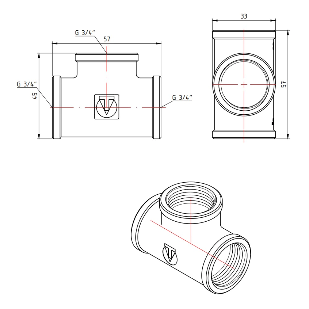 Тройник VALTEC 3/4" ВР латунь никелированная