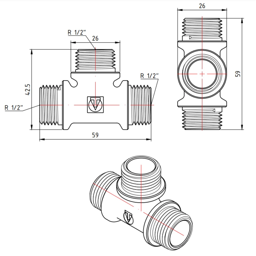 Тройник VALTEC 1/2" НР латунь никелированная
