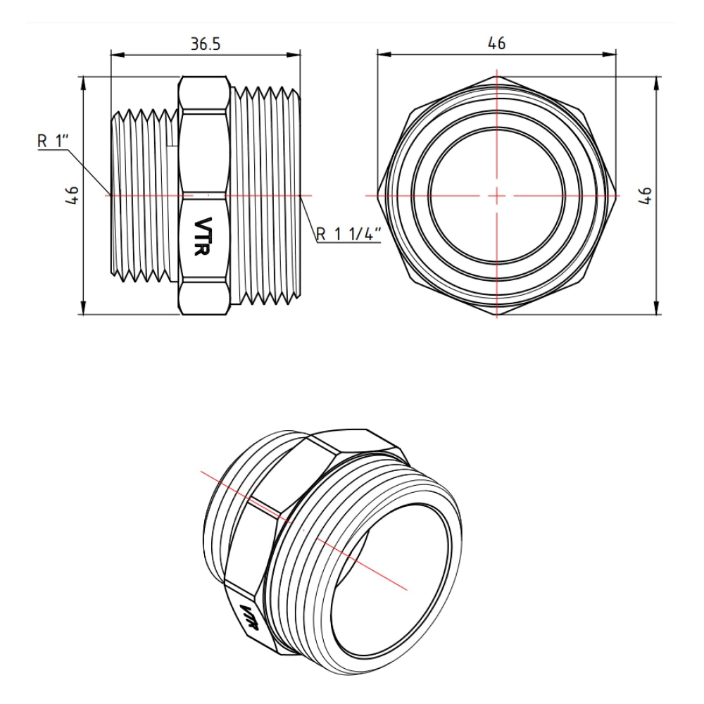 Ниппель редукционный VALTEC 1 1/4"x1" НР-НР латунь никелированная