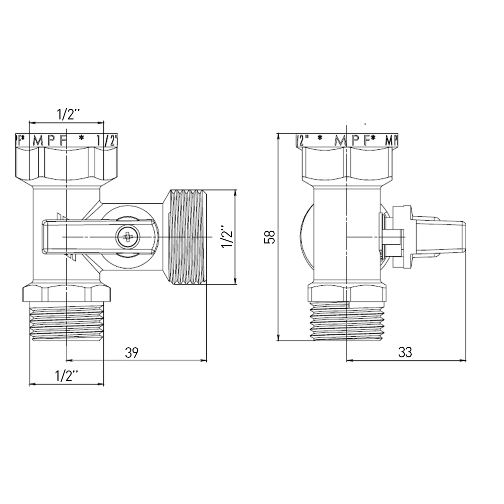 Кран шаровой трехпроходной MASTERPROF 1/2х1/2х1/2 РВ-РН-РН
