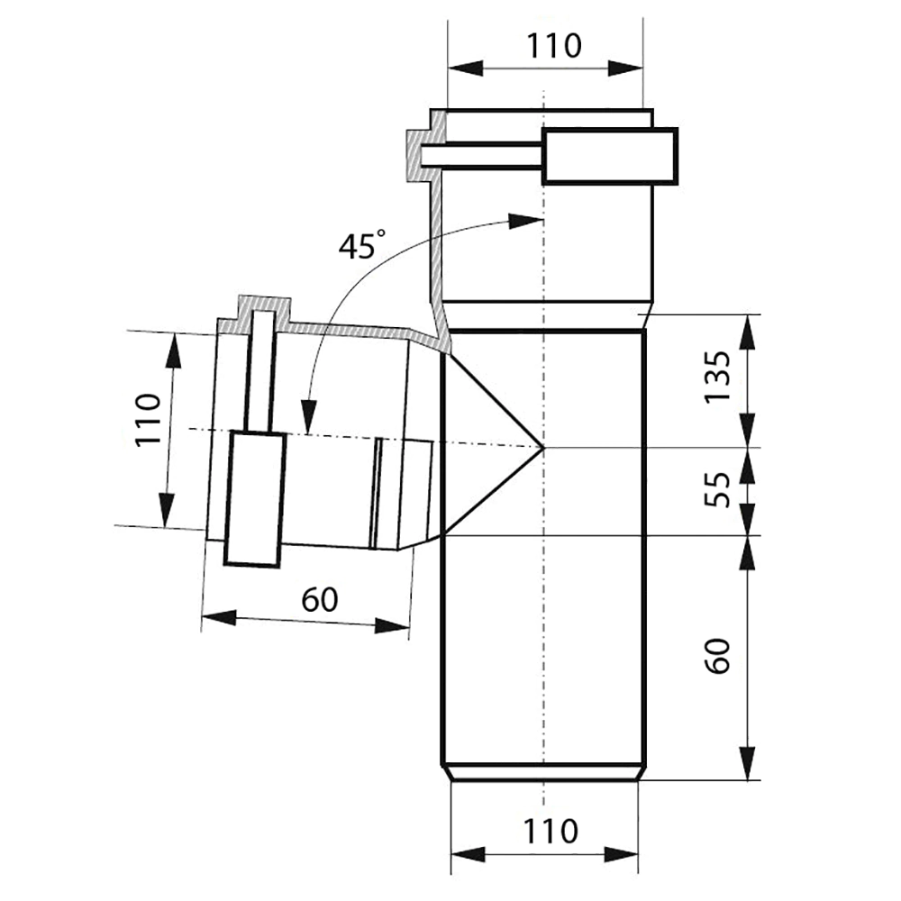 Тройник канализационный Cosmoplast d110/110 мм угол 45°