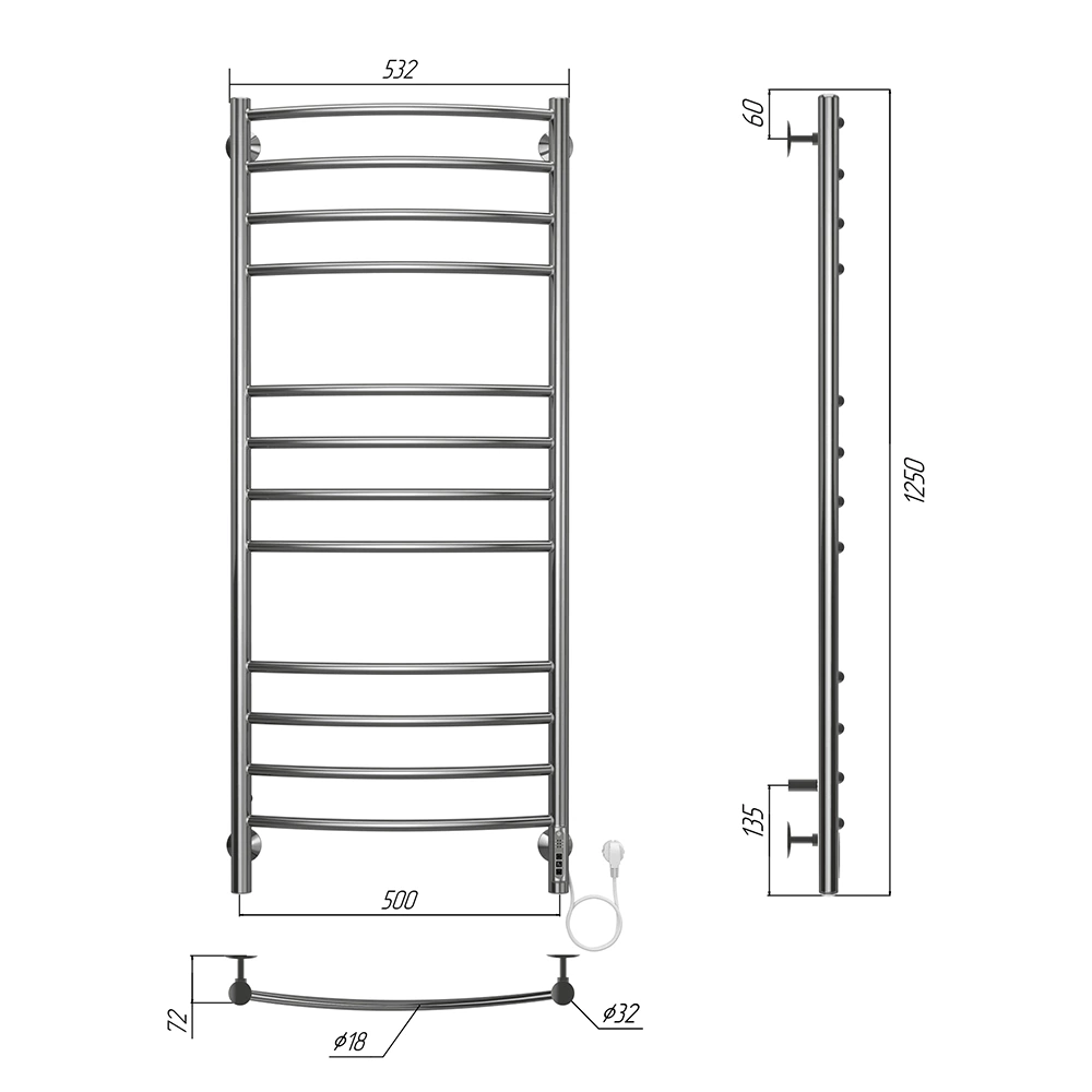 Полотенцесушитель электрический TERMINUS Классик П12 500х1250 мм 294 Вт хром