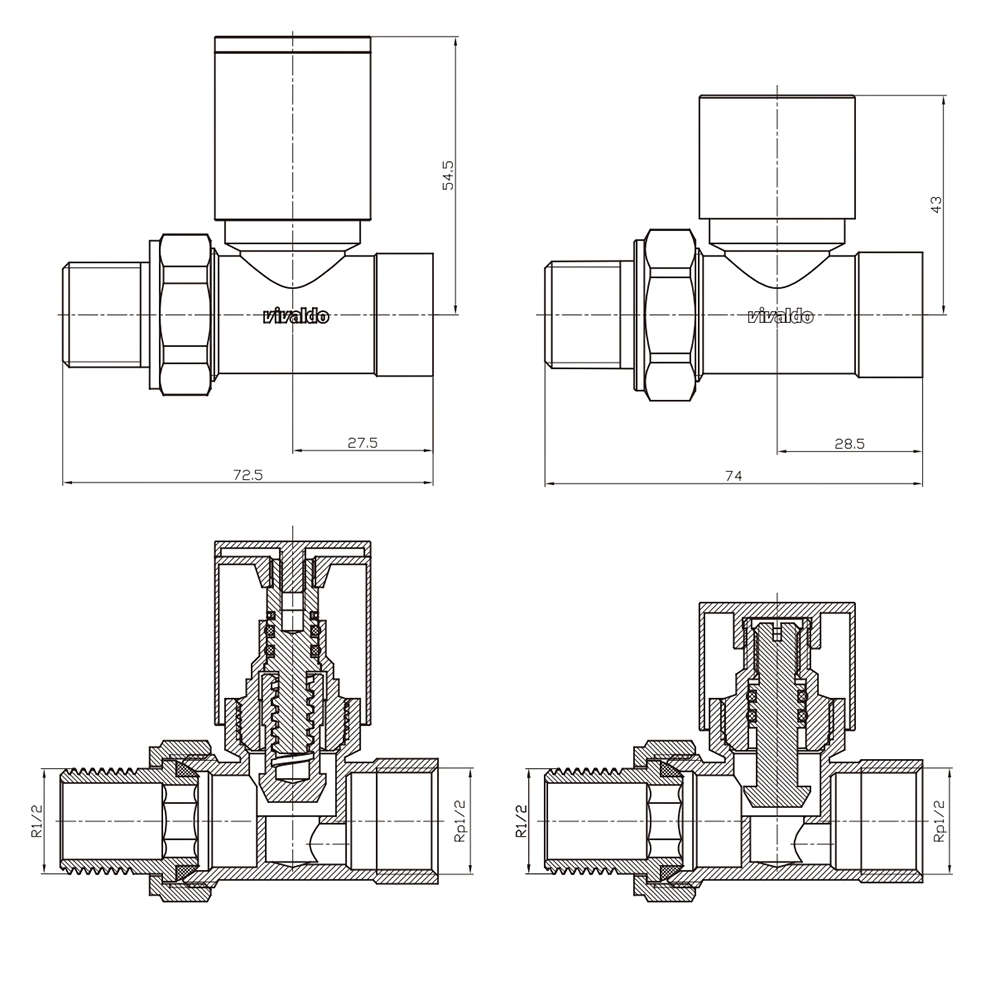 Комплект вентилей для подключения радиатора 1/2" прямой антрацит VIVALDO