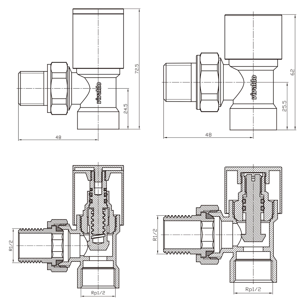 Комплект вентилей для подключения радиатора 1/2" угловой хром VIVALDO