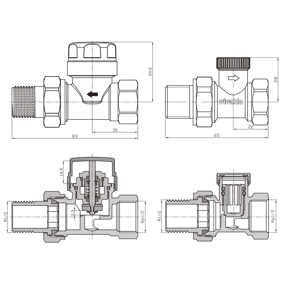 Комплект вентилей для подключения радиатора 1/2" термостатический прямой хром VIVALDO
