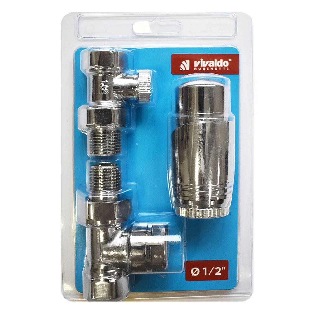 Комплект вентилей для подключения радиатора 1/2" термостатический прямой хром VIVALDO