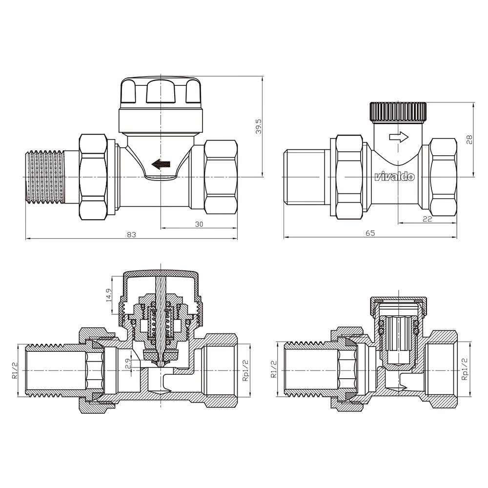 Комплект вентилей для подключения радиатора 1/2" термостатический прямой антрацит VIVALDO