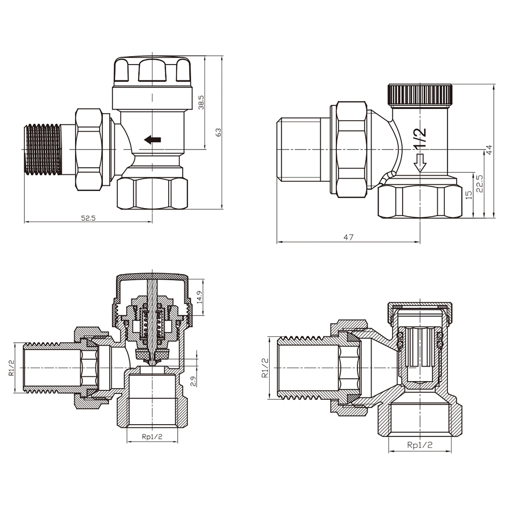 Комплект вентилей для подключения радиатора 1/2" термостатический угловой антрацит VIVALDO