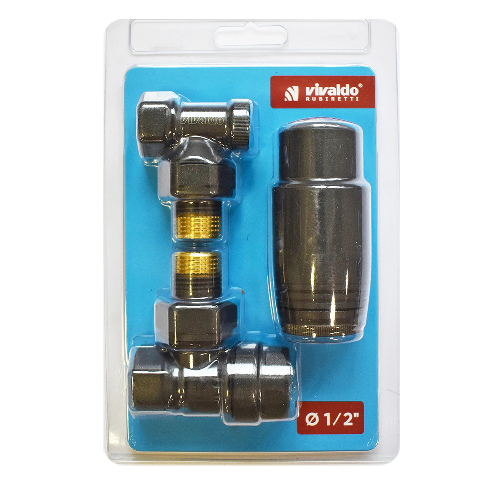 Комплект вентилей для подключения радиатора 1/2" термостатический угловой антрацит VIVALDO