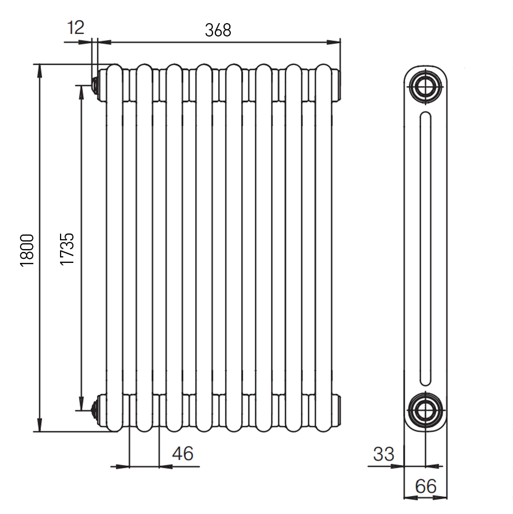 Радиатор стальной трубчатый 1800х368 мм 8 секций нижнее подключение белый Rifar TUBOG