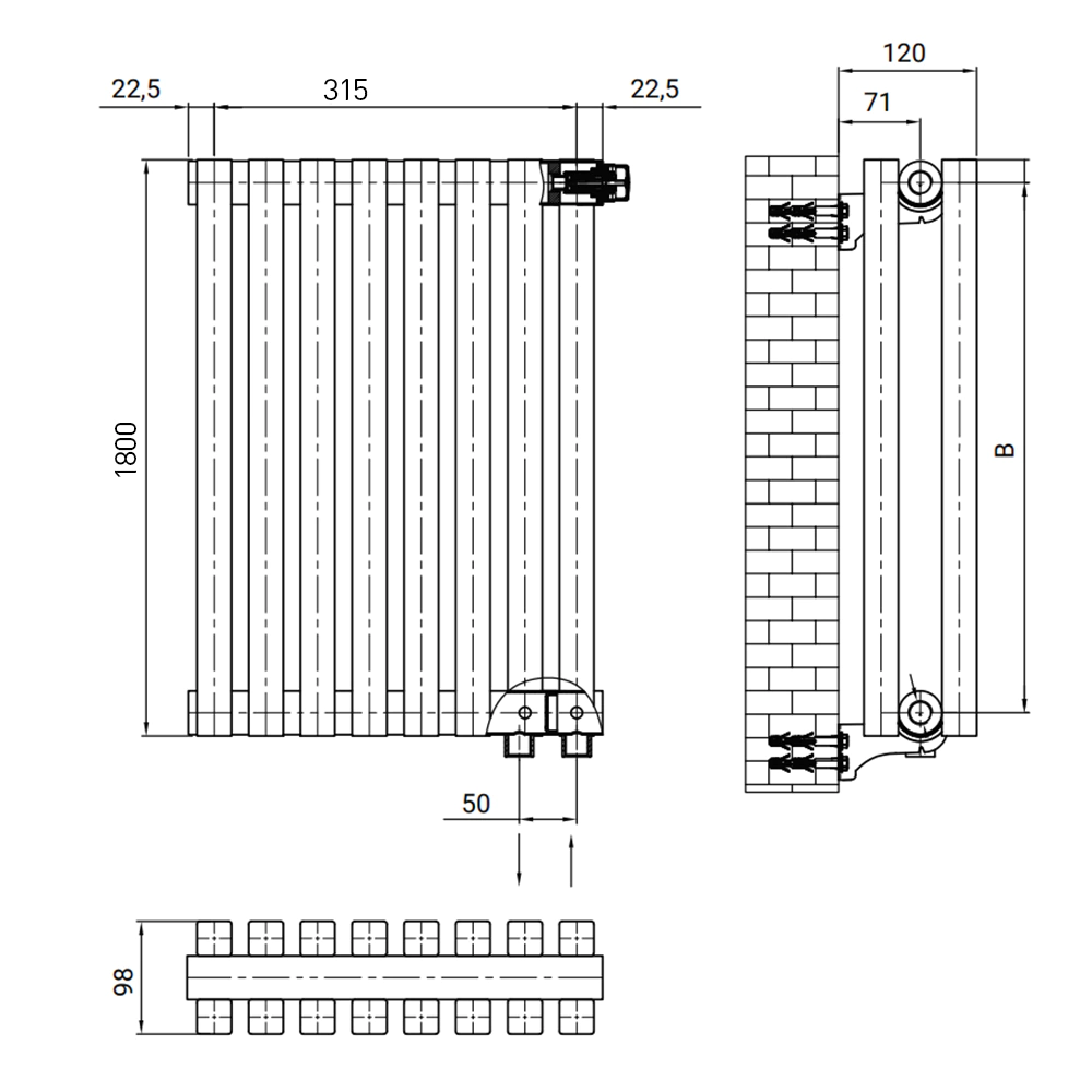 Радиатор стальной трубчатый 1800х365 мм 8 секций нижнее подключение белый Royal Thermo Shift Q30