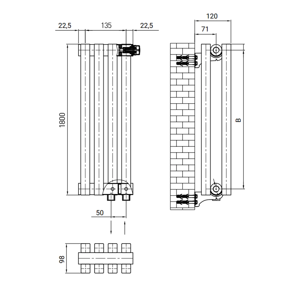 Радиатор стальной трубчатый 1800х180 мм 4 секции нижнее подключение белый Royal Thermo Shift Q30