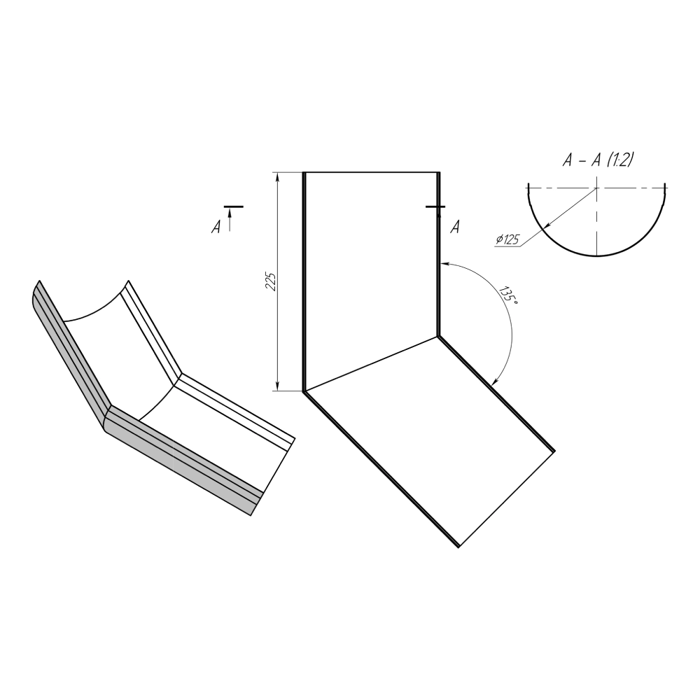 Угол желоба внешний 135° VEGALux 125 мм оцинковка 275 г/м2 коричневый RAL 8017
