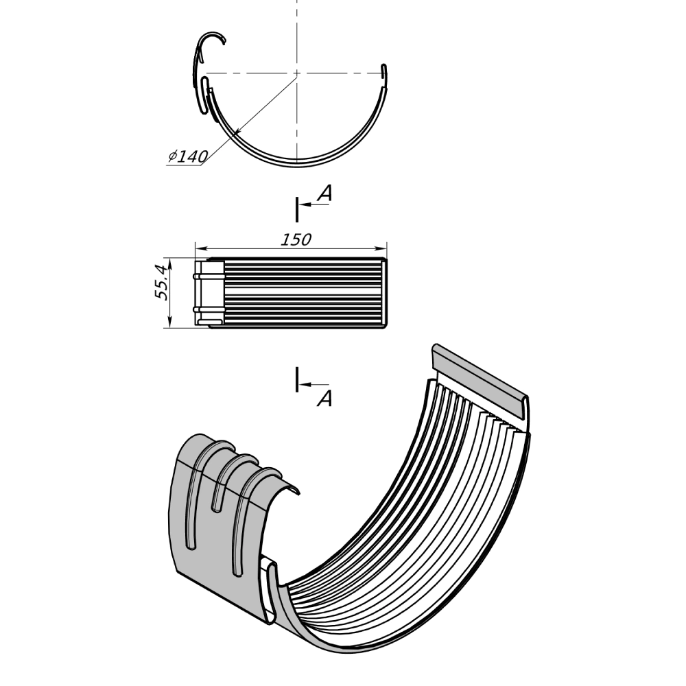 Соединитель желоба VEGALux 125 мм оцинковка 275 г/м2 графит RAL 7024