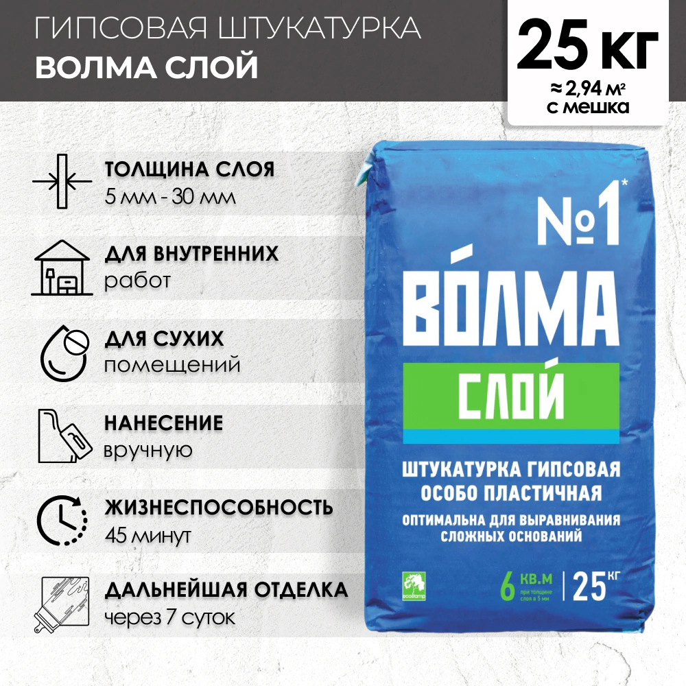 Гипсовая штукатурка ВОЛМА Слой 25 кг