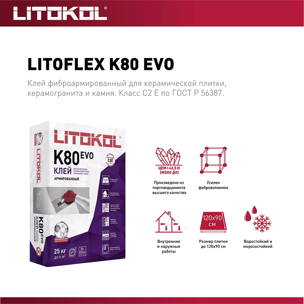 Клей для плитки C2E 25 кг LITOKOL K80 ЭВО
