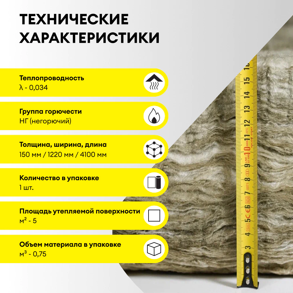 Утеплитель на стекловолокне 150 мм 4000х1220 мм 4,88 м2 Vetonit Теплая Крыша Стронг
