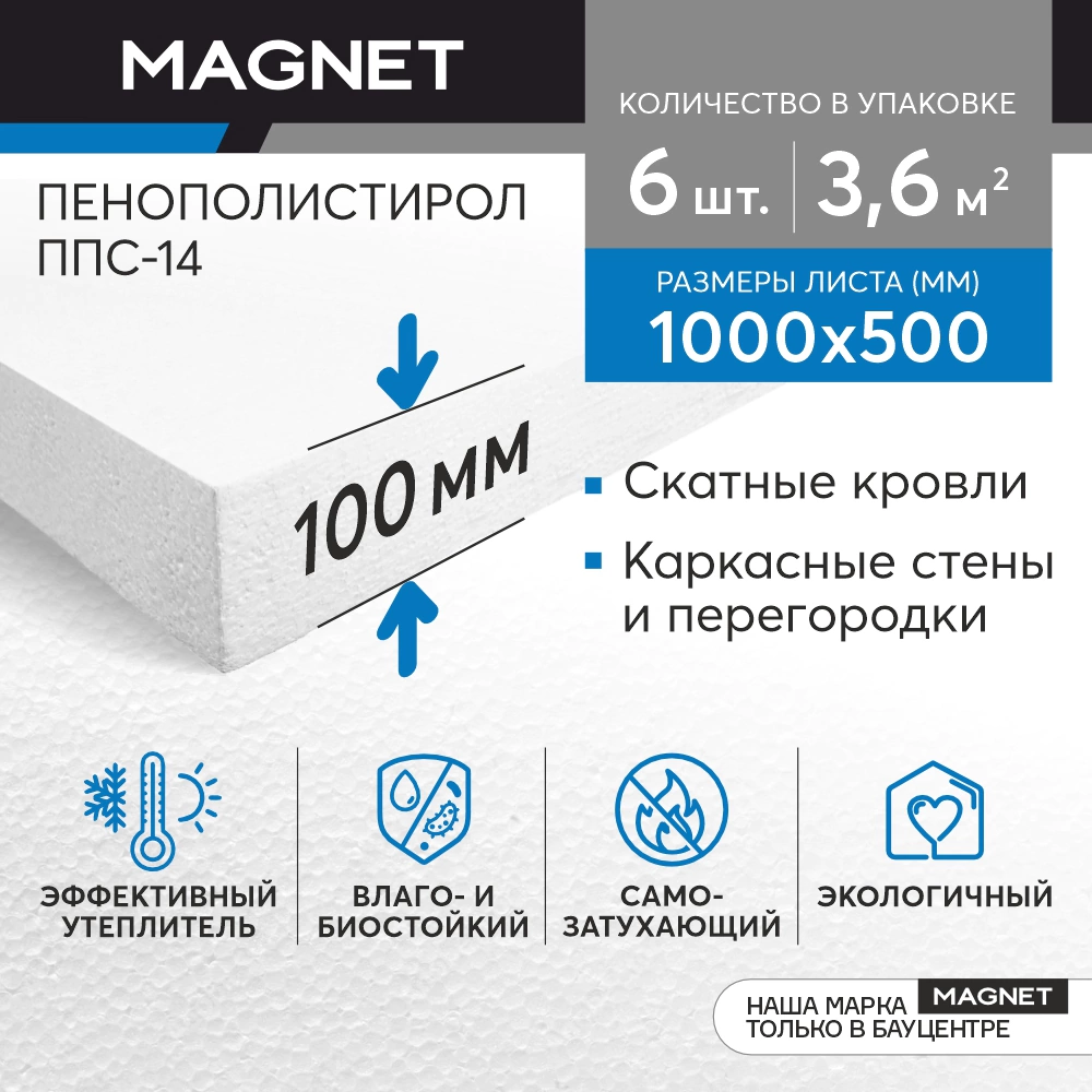 Пенополистирол ППС-14 100 мм 1000x500 мм