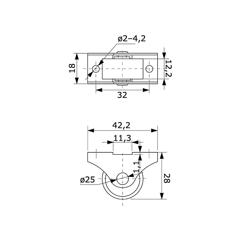 Ролик мебельный выкатной d25 мм на площадке неповоротный