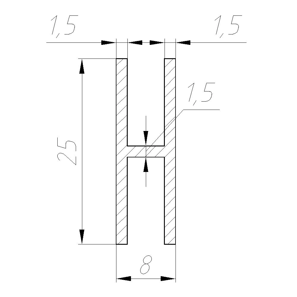 Профиль Н-образный алюминиевый 25х8х25х2000 мм толщина 1,5 мм