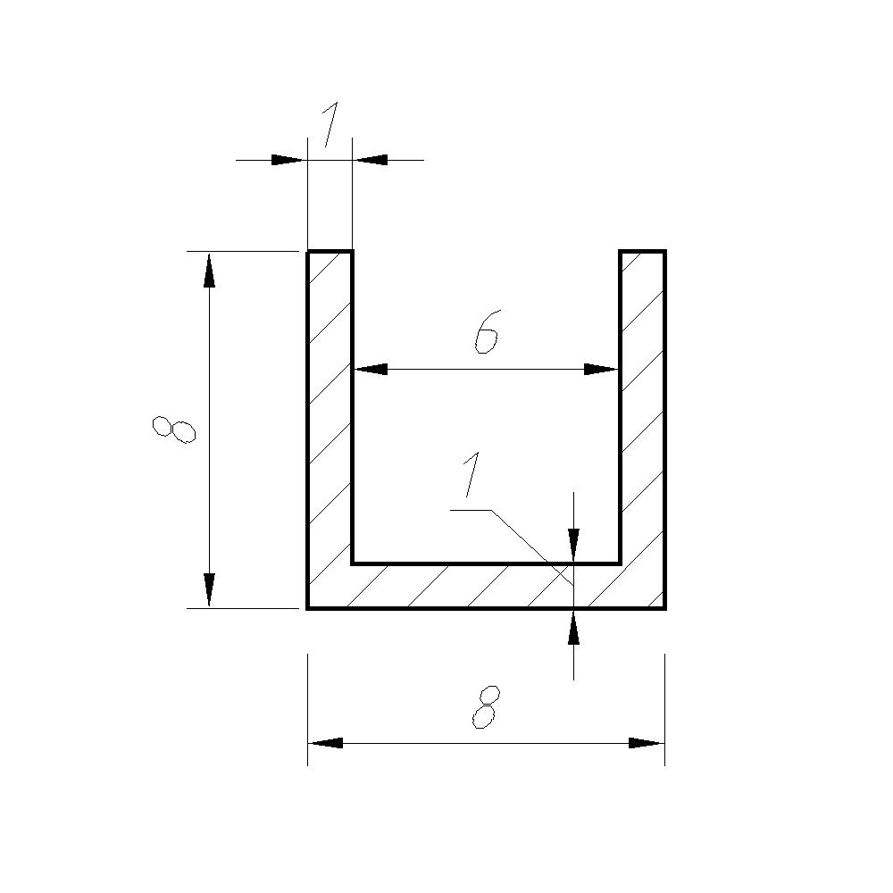 Профиль U-образный алюминиевый серебро 8х8х8х2000 мм толщина 1 мм
