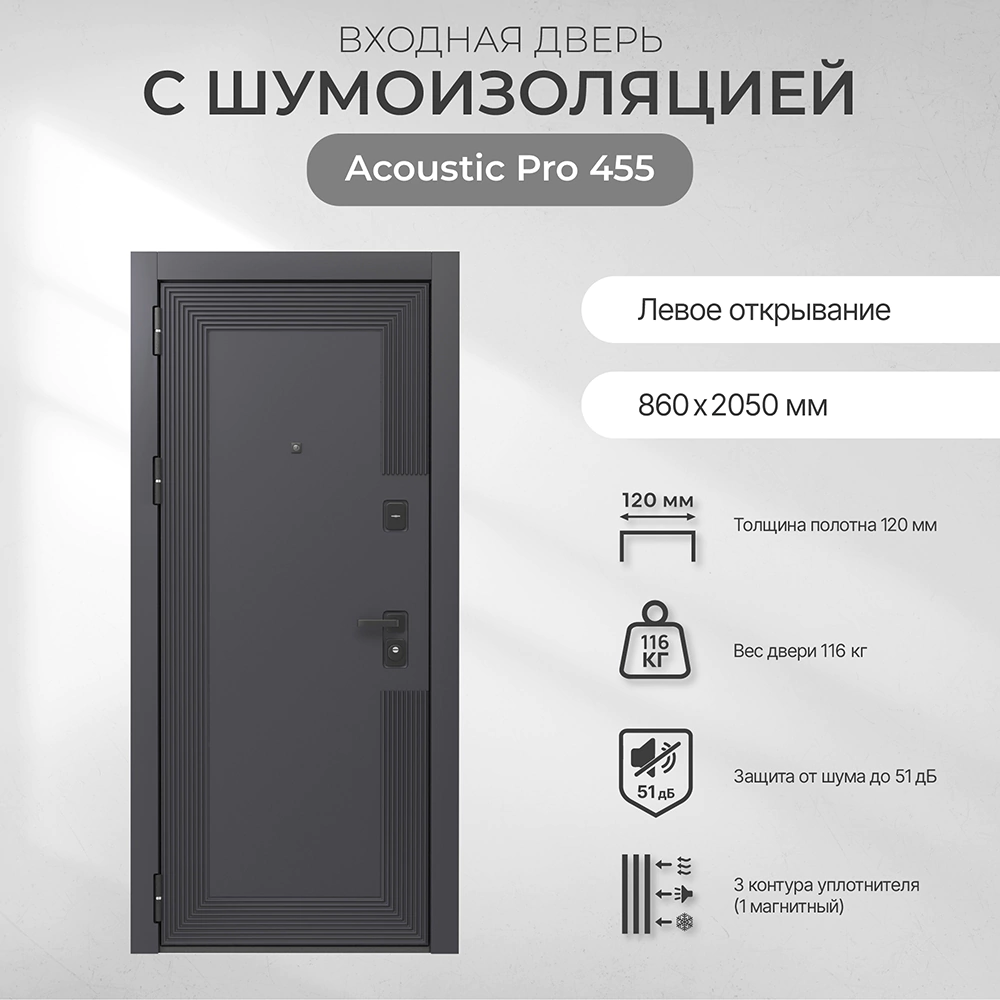 Дверь входная металлическая 2050х860х120 мм левая Акустик Про-455