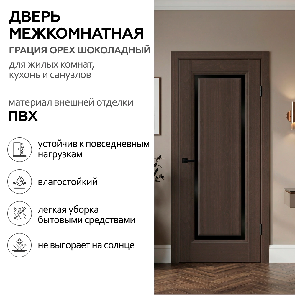 Дверь межкомнатная остекленная 70х200 см Грация ПВХ Орех шоколадный