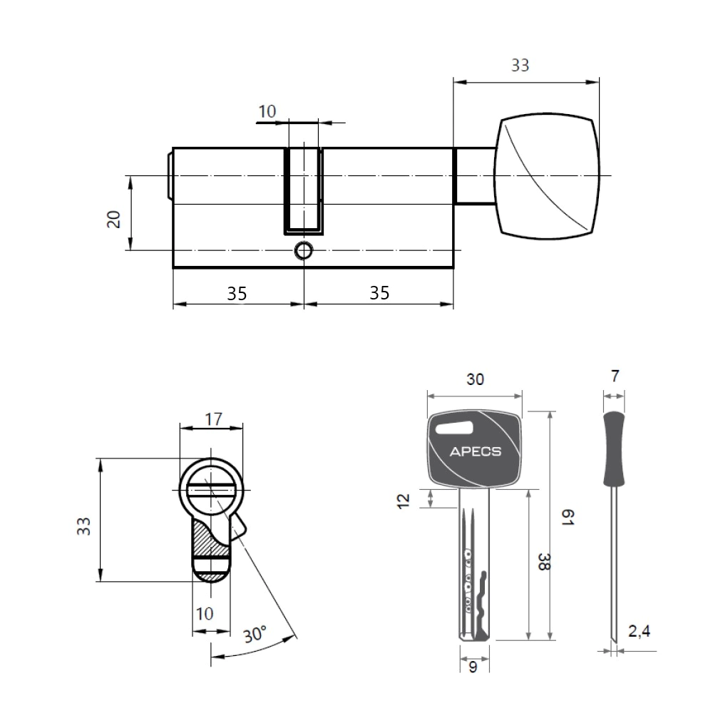 Цилиндр для замка 35х35 мм ключ-завертка APECS XR-70 никель
